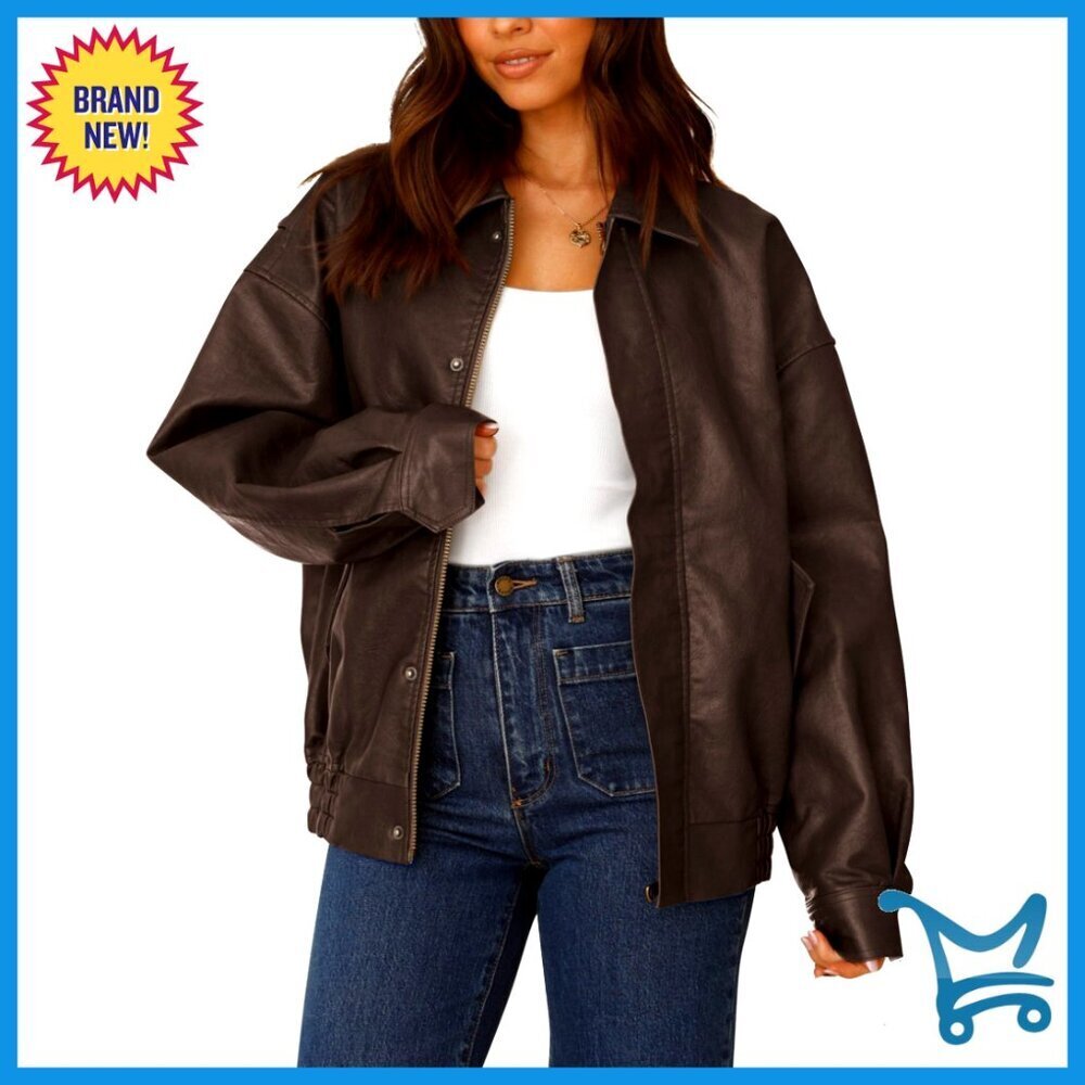 Faux Leather Motorcycle Jacket Oversized Biker Style Zip Up Outerwear